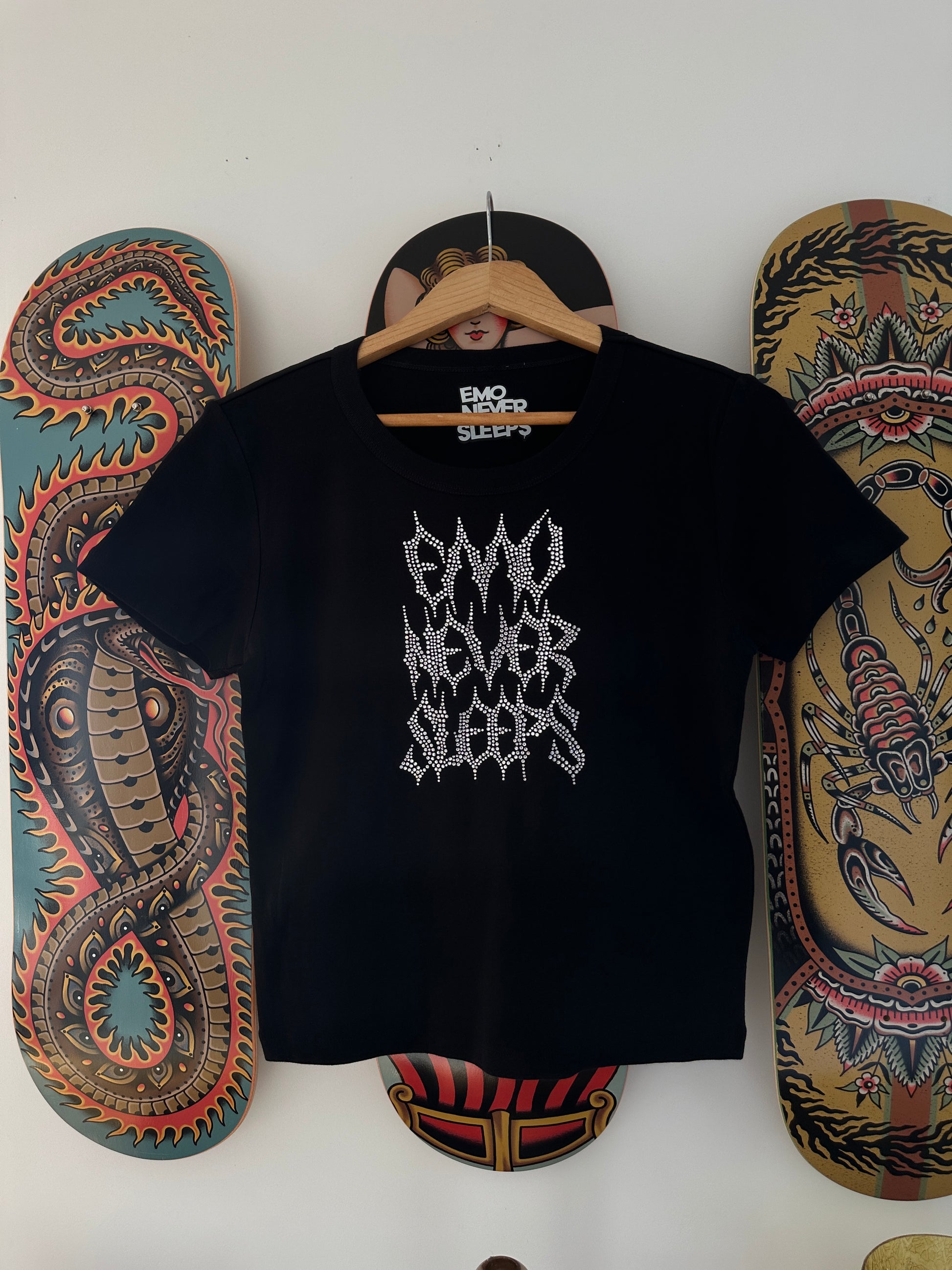 EMO NEVER SLEEPS RHINESTONE BABY TEE