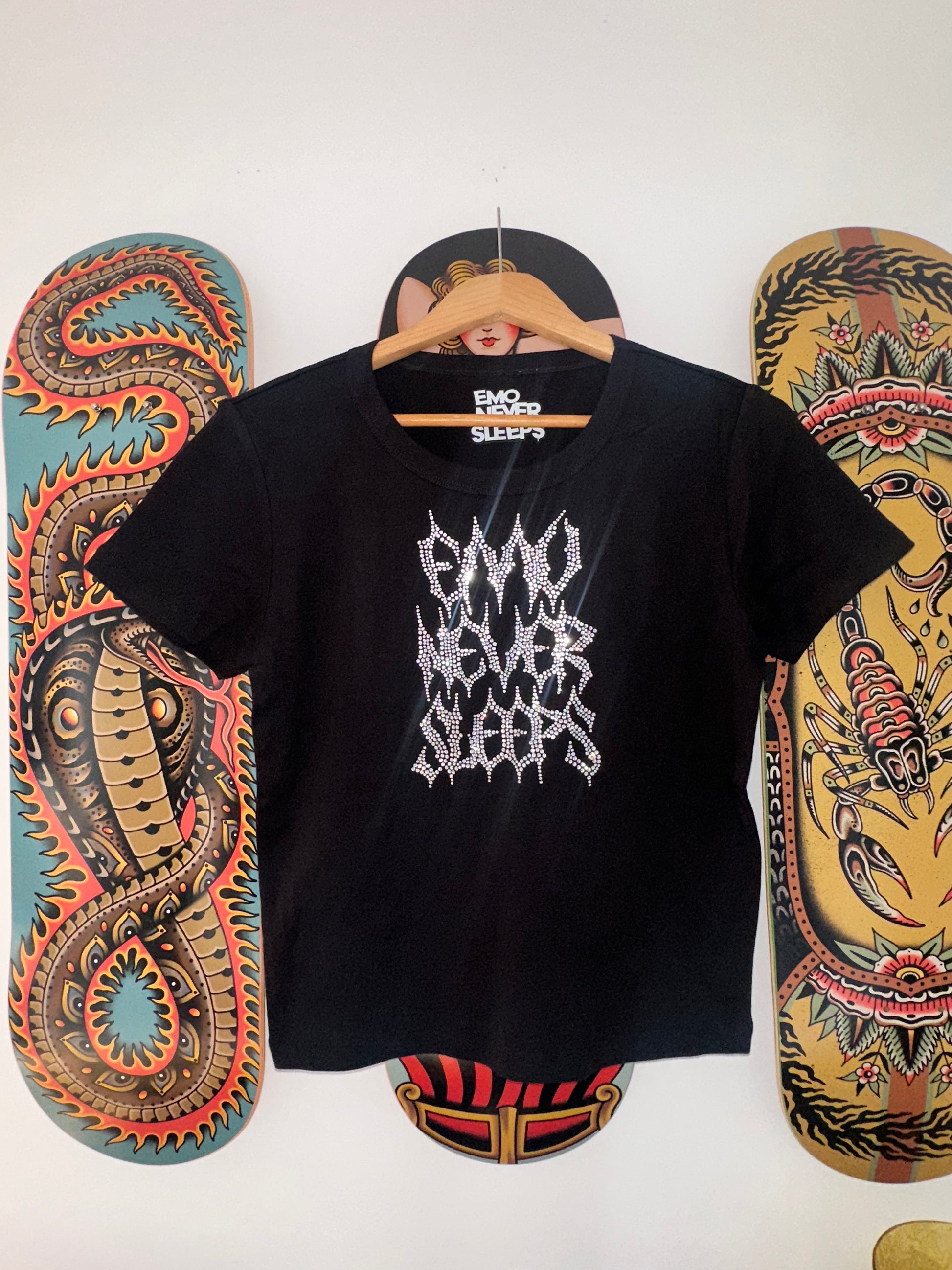 EMO NEVER SLEEPS RHINESTONE BABY TEE